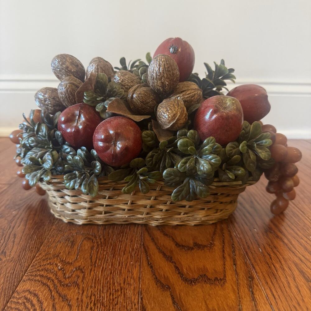 Vintage Plastic Fruit Arrangement Woven Basket Walnuts Apples Grapes Ladybug MCM
